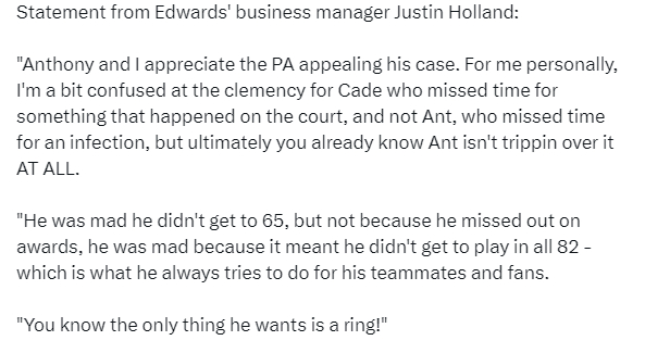 东契奇坎宁安申诉成功获评奖资格 爱德华兹遭驳